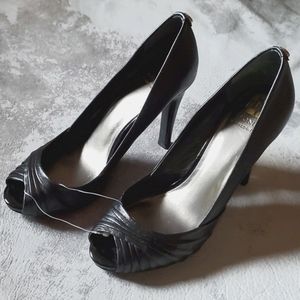 NWOT Monet Black Leather Peep Toe Heels - 8